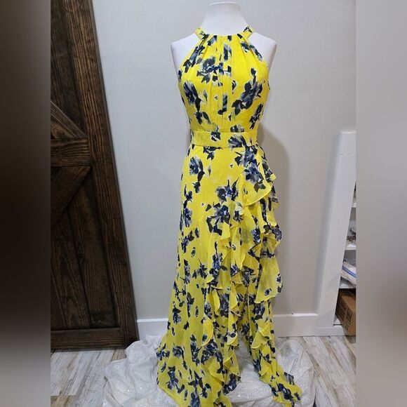 Eliza J Sleeveless Chiffon Floral Maxi Gown NWT Size 2 Yellow And Blue - Picture 3 of 5
